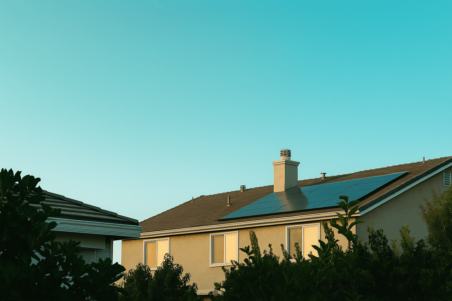 Maison équipée de panneaux solaires sous un ciel bleu